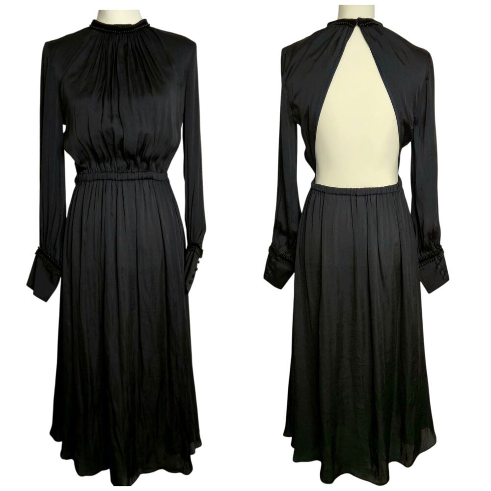 Dark Romantic Flowy Open Back Balloon Sleeve Midi Dress Size S Gothic Zara NWT